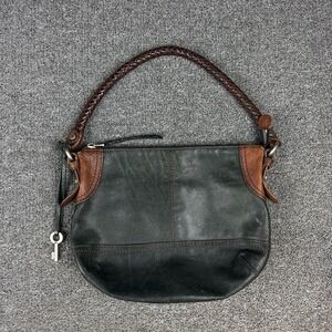 Fossil Black Brown Leather Hobo Shoulder Bag Braided Strap Key Charm
